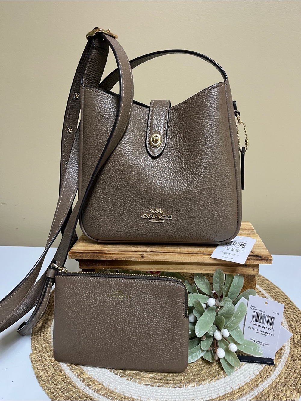 Coach Taupe Pebbled Leather Shoulder Bag with Wristlet